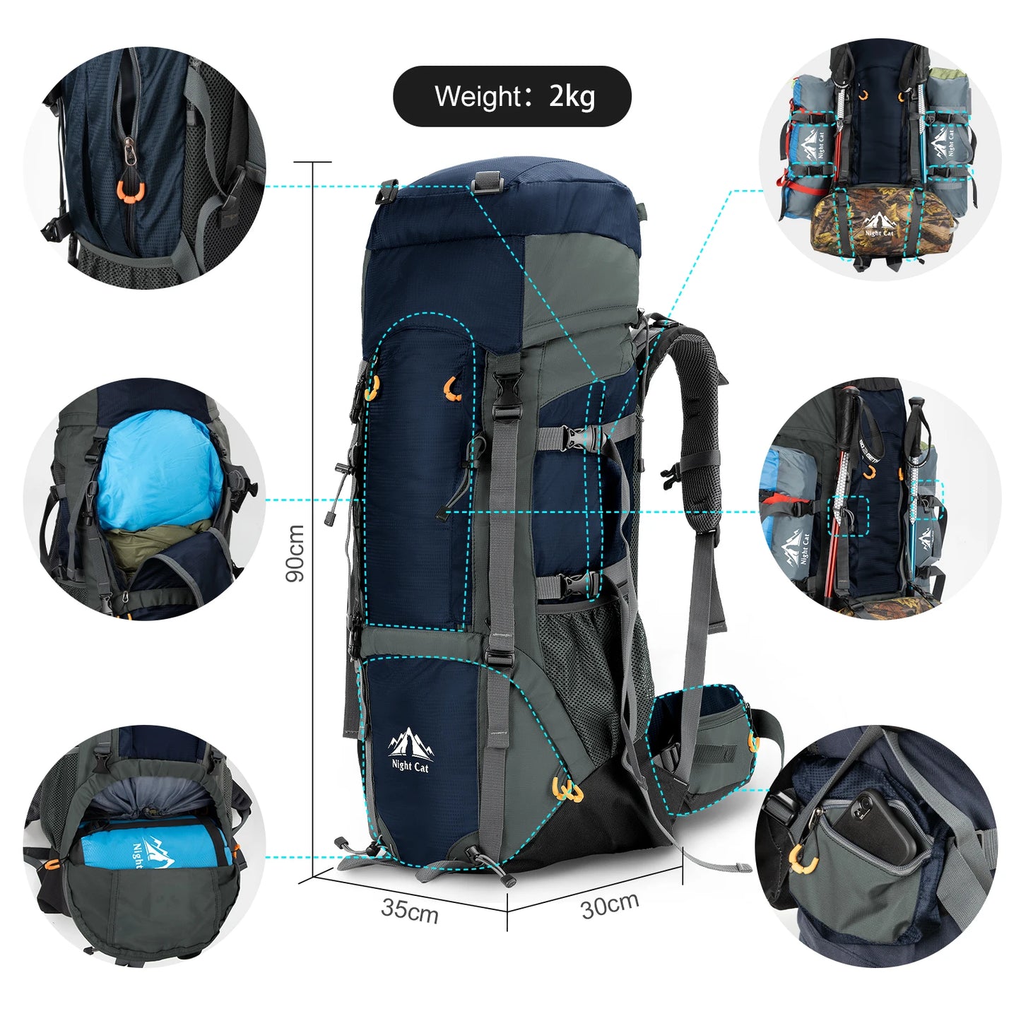Night Cat 90L Camping Backpack with Internal Frame Waterproof Lightweight Hiking Backpack for Men and Women