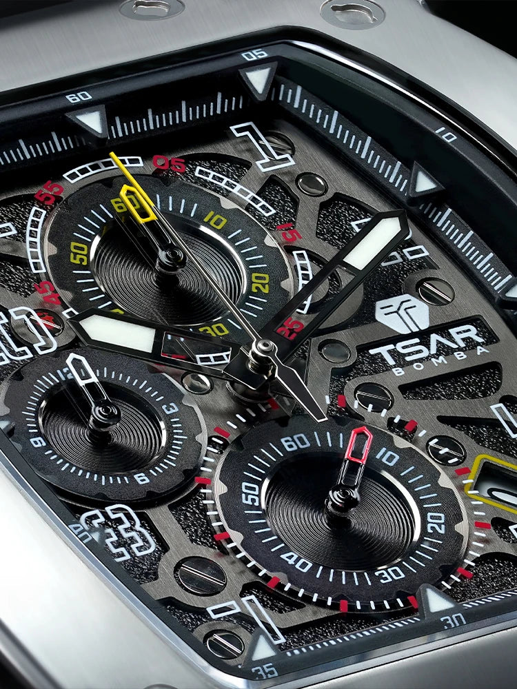 Tsar Bomba Luxury Men's Tonneau Design Waterproof Stainless Steel Watch Fashion Rectangle Wristwatch