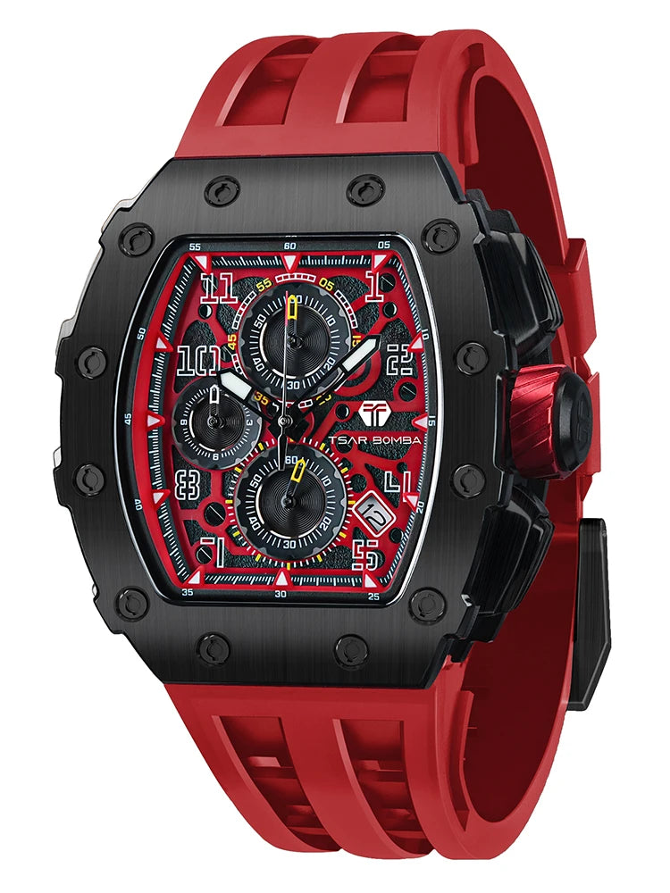 Tsar Bomba Luxury Men's Tonneau Design Waterproof Stainless Steel Watch Fashion Rectangle Wristwatch