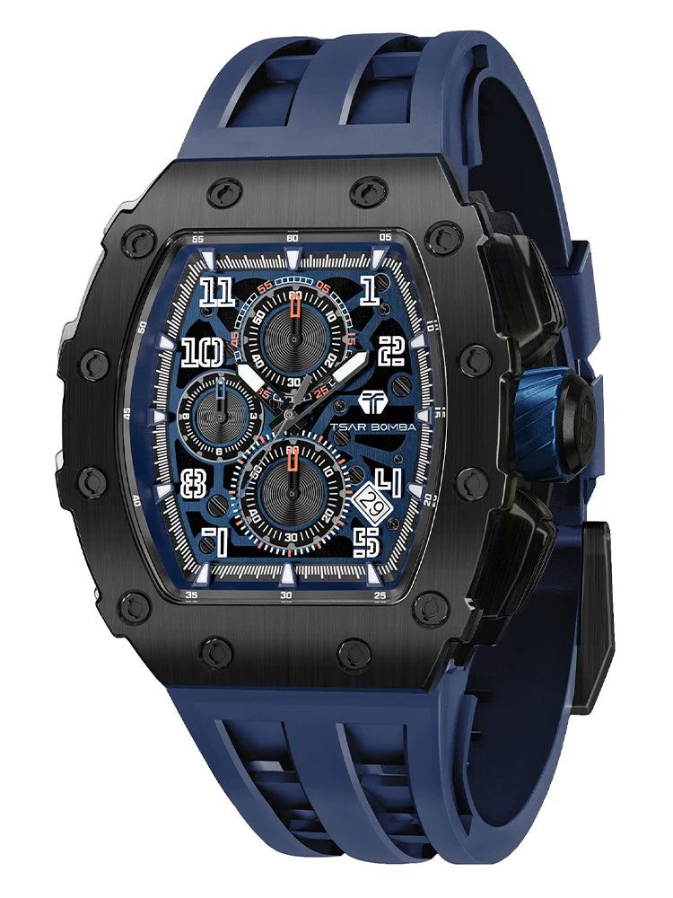 Tsar Bomba Luxury Men's Tonneau Design Waterproof Stainless Steel Watch Fashion Rectangle Wristwatch