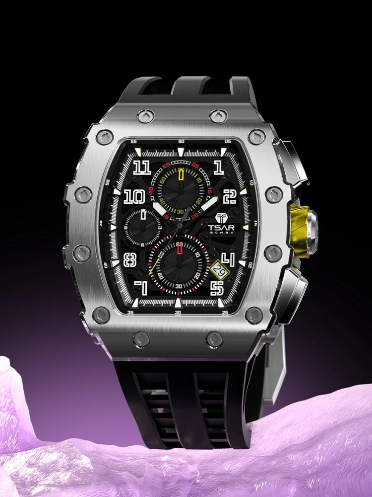 Tsar Bomba Luxury Men's Tonneau Design Waterproof Stainless Steel Watch Fashion Rectangle Wristwatch