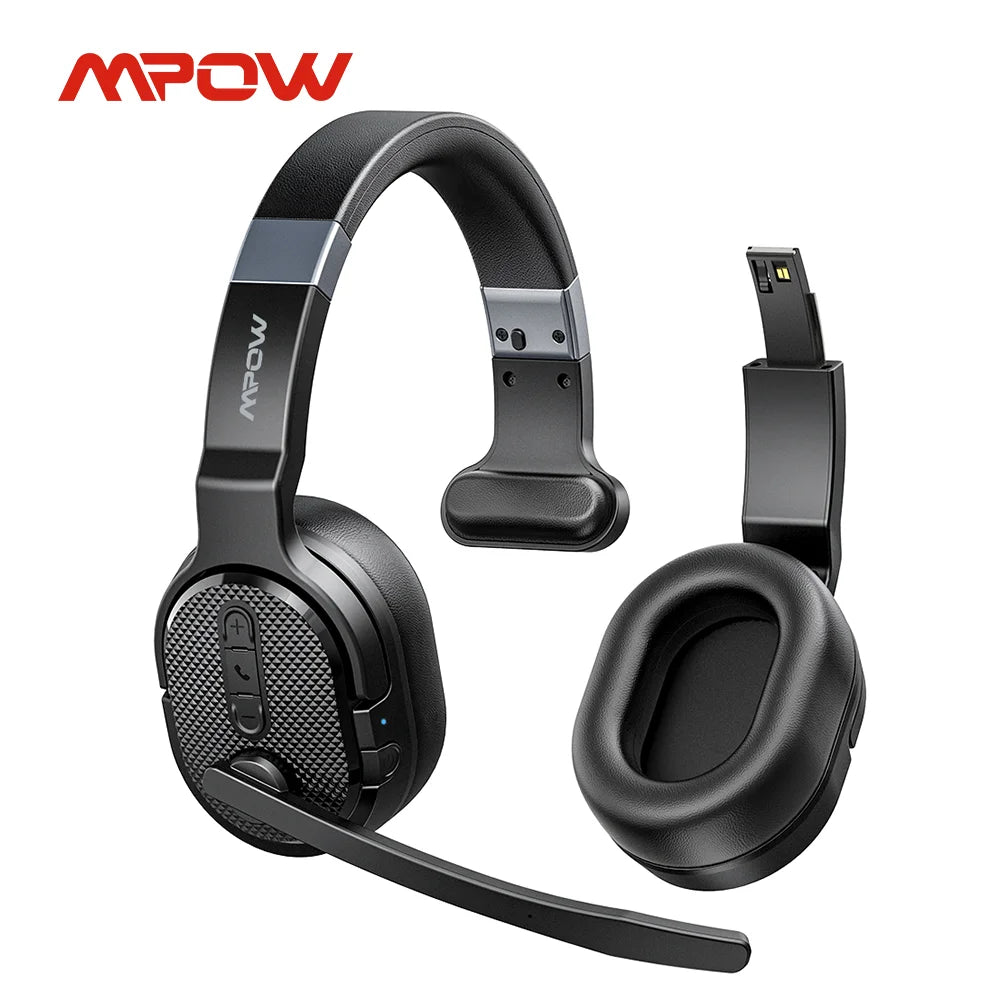 Mpow E65 2 in 1 Wireless Headphones Bluetooth 5.3 Dual Single Office Headset with Microphone and Mute Switch 35 Hours for Trucker Driver