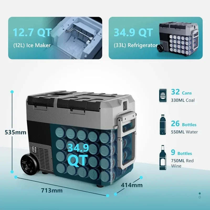 12 Volt Refrigerator with Ice Maker, 48QT(45L) Electric Cooler Usable Battery Dual Zone, Car Refrigerator APP Control, 12