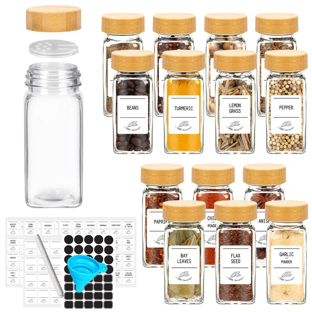 12 Pcs Glass Spice Jars with Bamboo Lids and Minimalist Spice Labels Stickers Kitchen Spice Jar Set