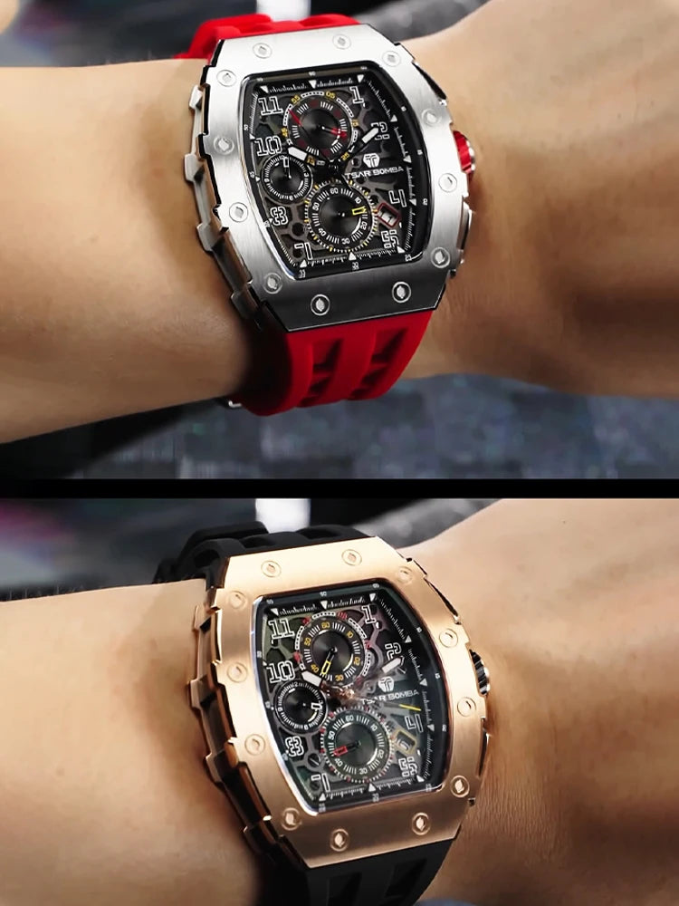 Tsar Bomba Luxury Men's Tonneau Design Waterproof Stainless Steel Watch Fashion Rectangle Wristwatch