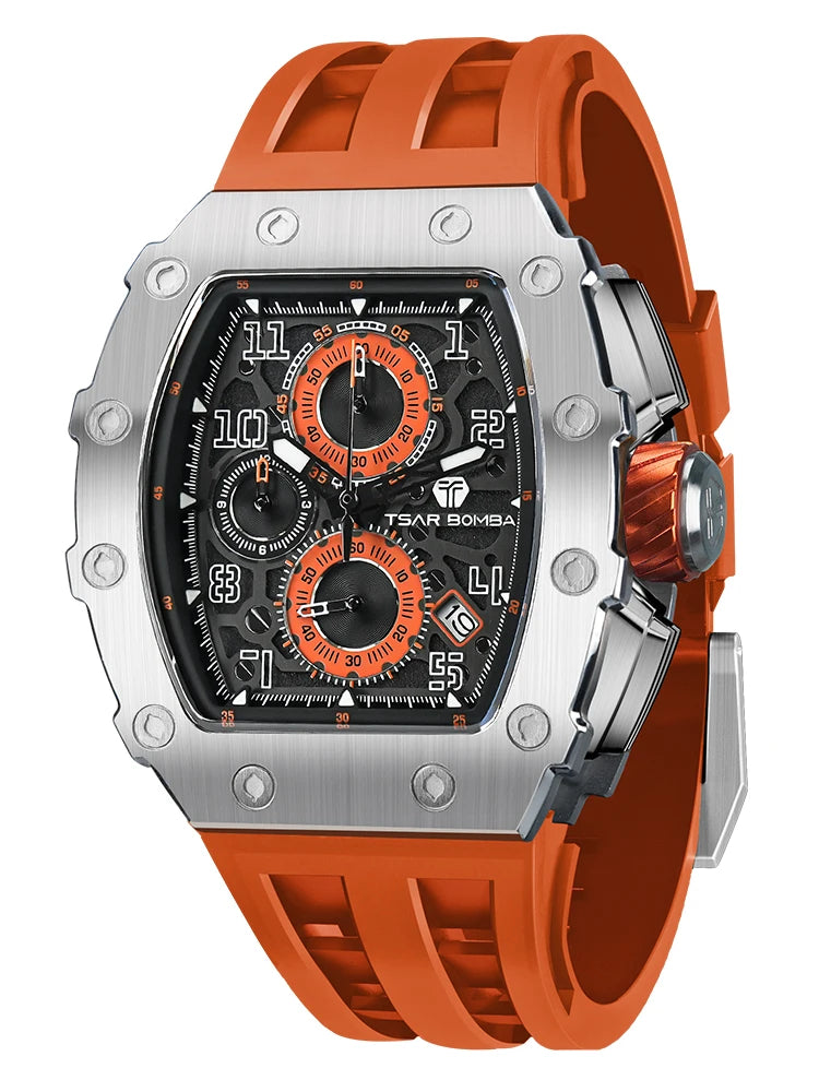 Tsar Bomba Luxury Men's Tonneau Design Waterproof Stainless Steel Watch Fashion Rectangle Wristwatch
