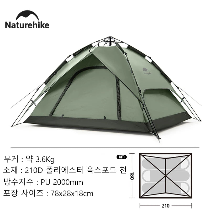 Naturehike Camping Automatic Tent One Touch Waterproof Roof Top Tents Double Door 3 Person Tent Outdoor Beach Fish Shelter Tent