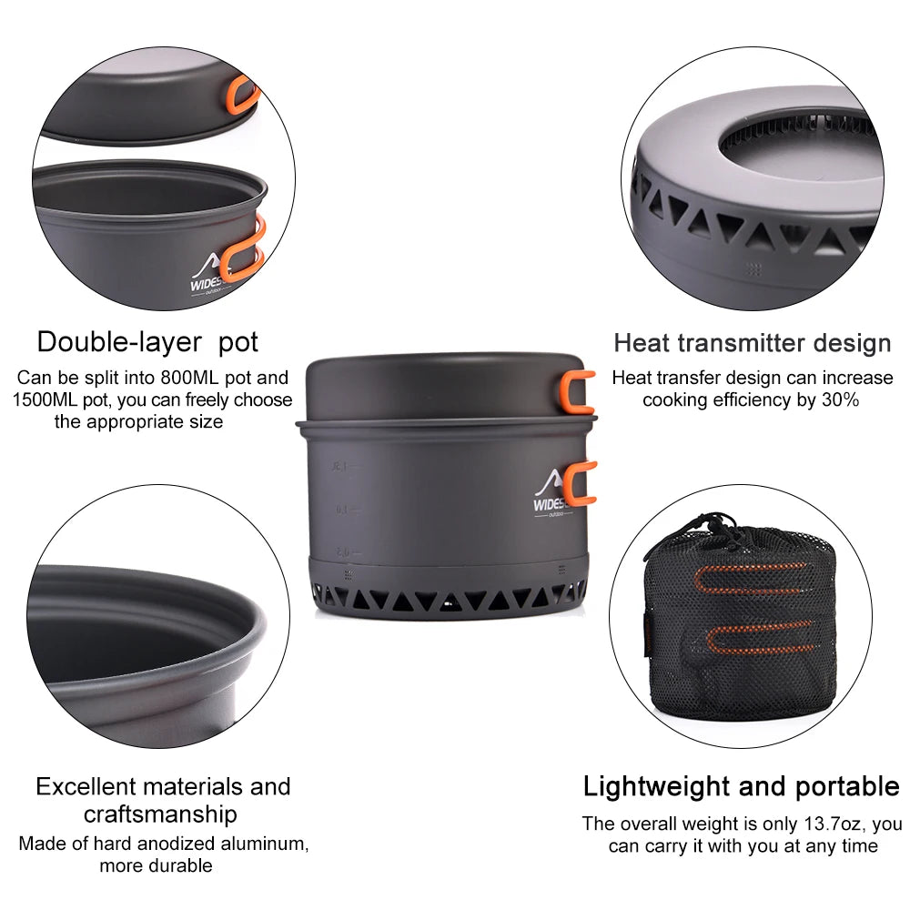 Widesea 1.3L 2.3L Outdoor Cooking Set Camping Cookware Kettle Pot Travel Tableware Utensil Equipment
