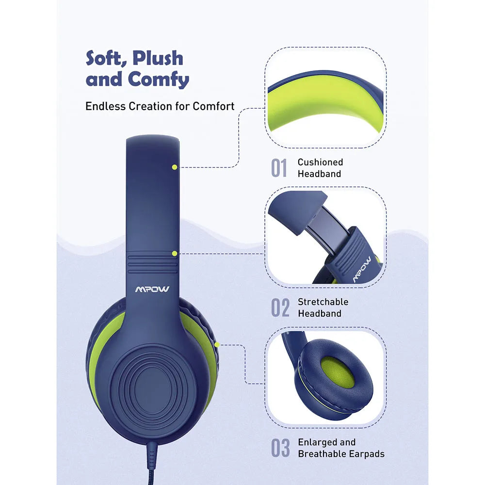 Mpow CH6 Wired Child Headphones Food Grade Material 85dB Volume Limit 3.5mm AUX Port for MP3 MP4 PC Phone Laptops