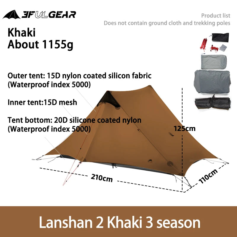 LanShan 2 3F UL Gear Ultralight Camping Tent for 1 to 2 Persons 3 Season and 4 Season Waterproof 15D Silnylon Rodless Design