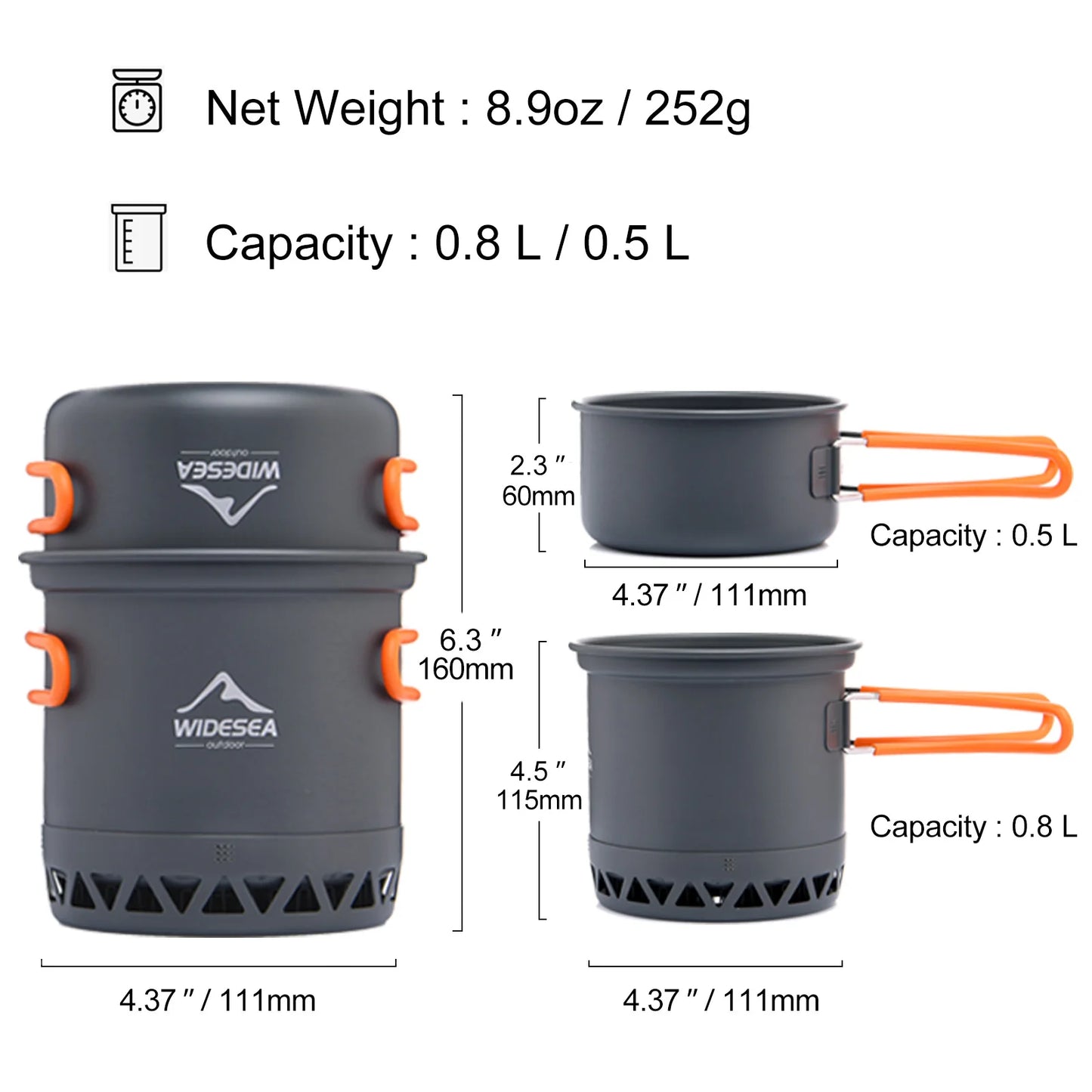 Widesea 1.3L 2.3L Outdoor Cooking Set Camping Cookware Kettle Pot Travel Tableware Utensil Equipment