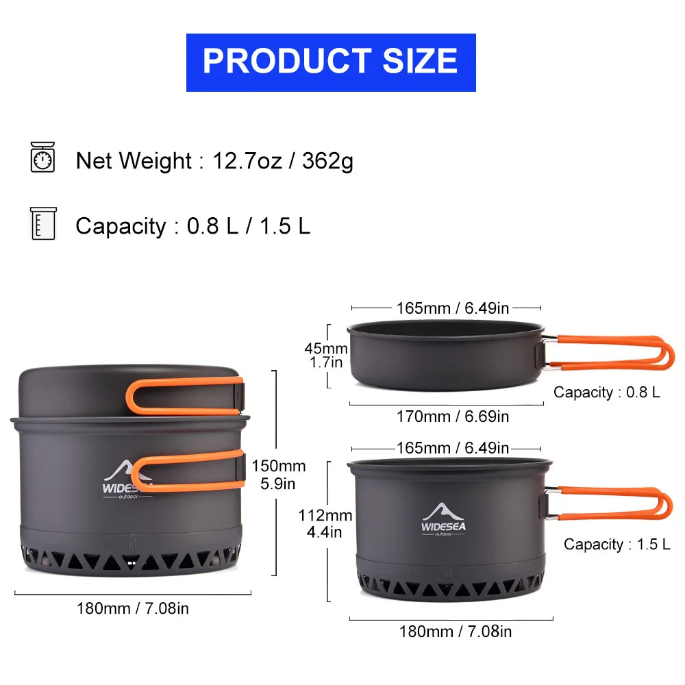 Widesea 1.3L 2.3L Outdoor Cooking Set Camping Cookware Kettle Pot Travel Tableware Utensil Equipment