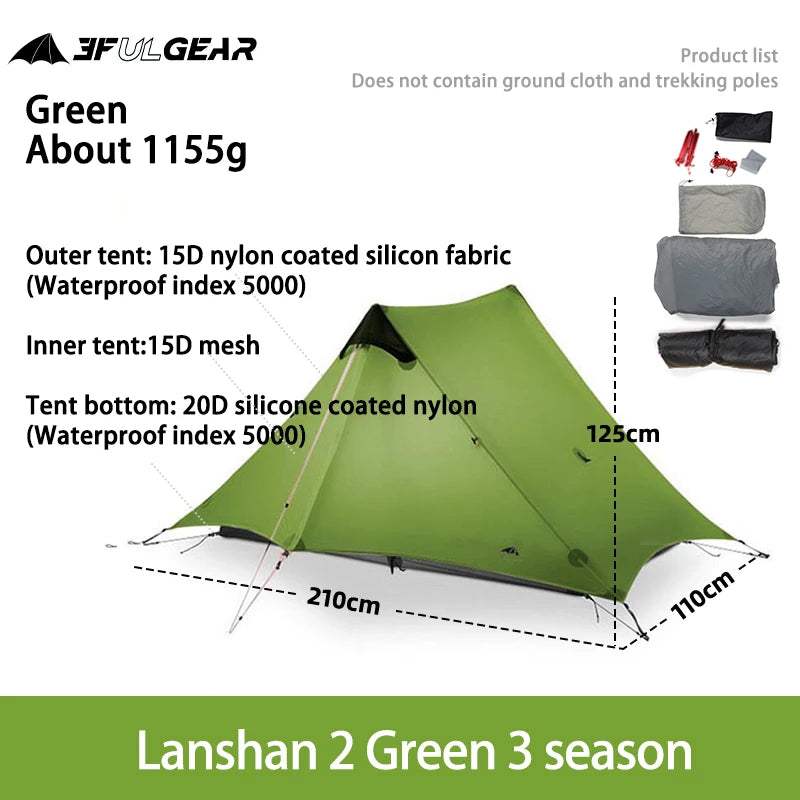 LanShan 2 3F UL Gear Ultralight Camping Tent for 1 to 2 Persons 3 Season and 4 Season Waterproof 15D Silnylon Rodless Design