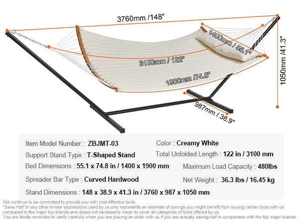 Two Person Hammock with Stand Included Double Hammock with Curved Spreader Bar and Detachable Pillow and Portable Bag