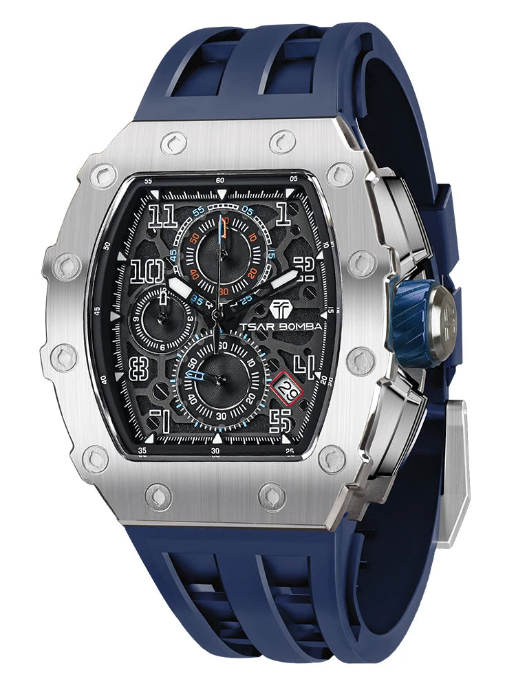 Tsar Bomba Luxury Men's Tonneau Design Waterproof Stainless Steel Watch Fashion Rectangle Wristwatch