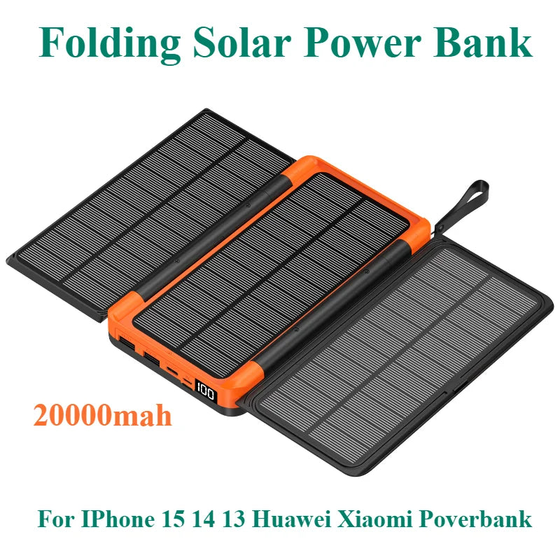 Folding Solar Power Bank 20000mAh for iPhone 15 14 13 Huawei Xiaomi with 3 Solar Panels Qi Wireless Charger