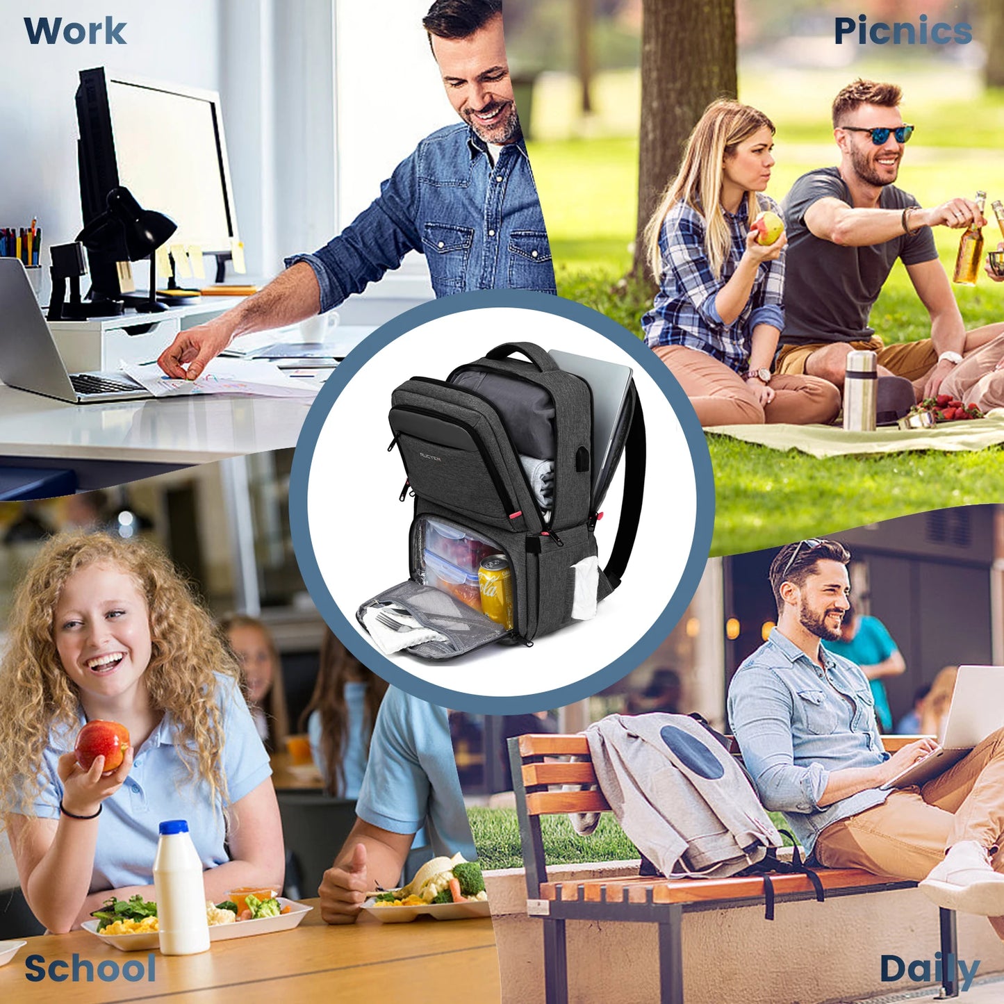Insulated Backpack Lunch Bag Durable Waterproof Leak Proof Cooler Case for Camping with USB Port