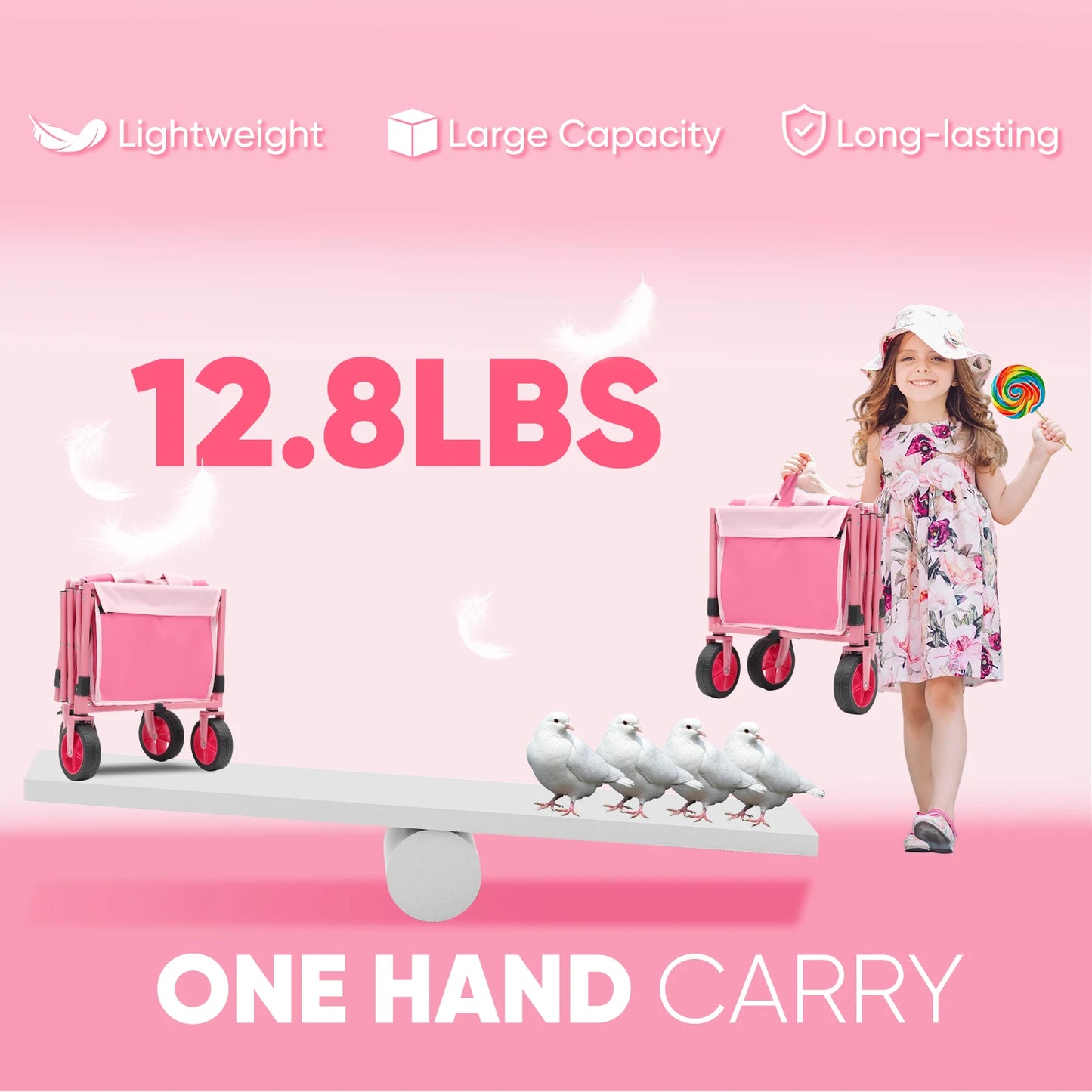 Foldable Collapsible Wagon Cart with 330lbs Weight Capacity, Heavy Duty Lightweight Folding Utility Garden Wagon with Wheel Pink