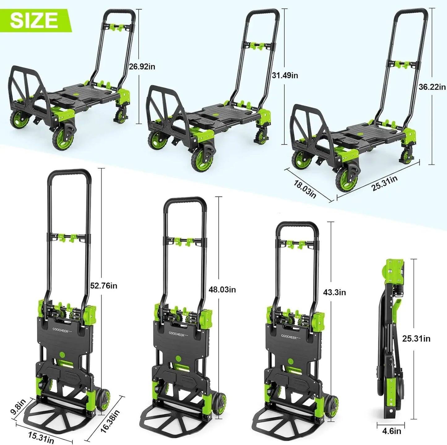 330LB Folding Hand Truck Heavy Duty Carrying, Combination of Four Wheels and Two Wheels Convertible Dolly Cart with Retractable