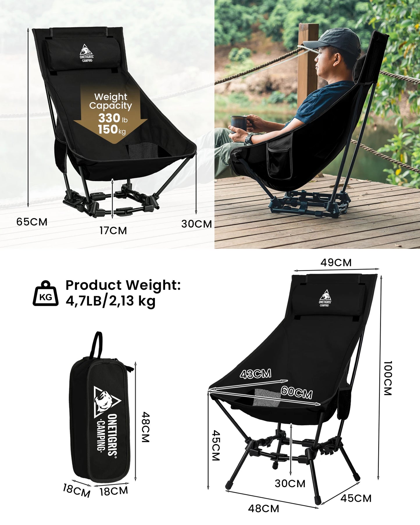 OneTigris Portable High Back Camping Chair for Outdoor Fishing Trekking BBQ Parties and Indoor Use
