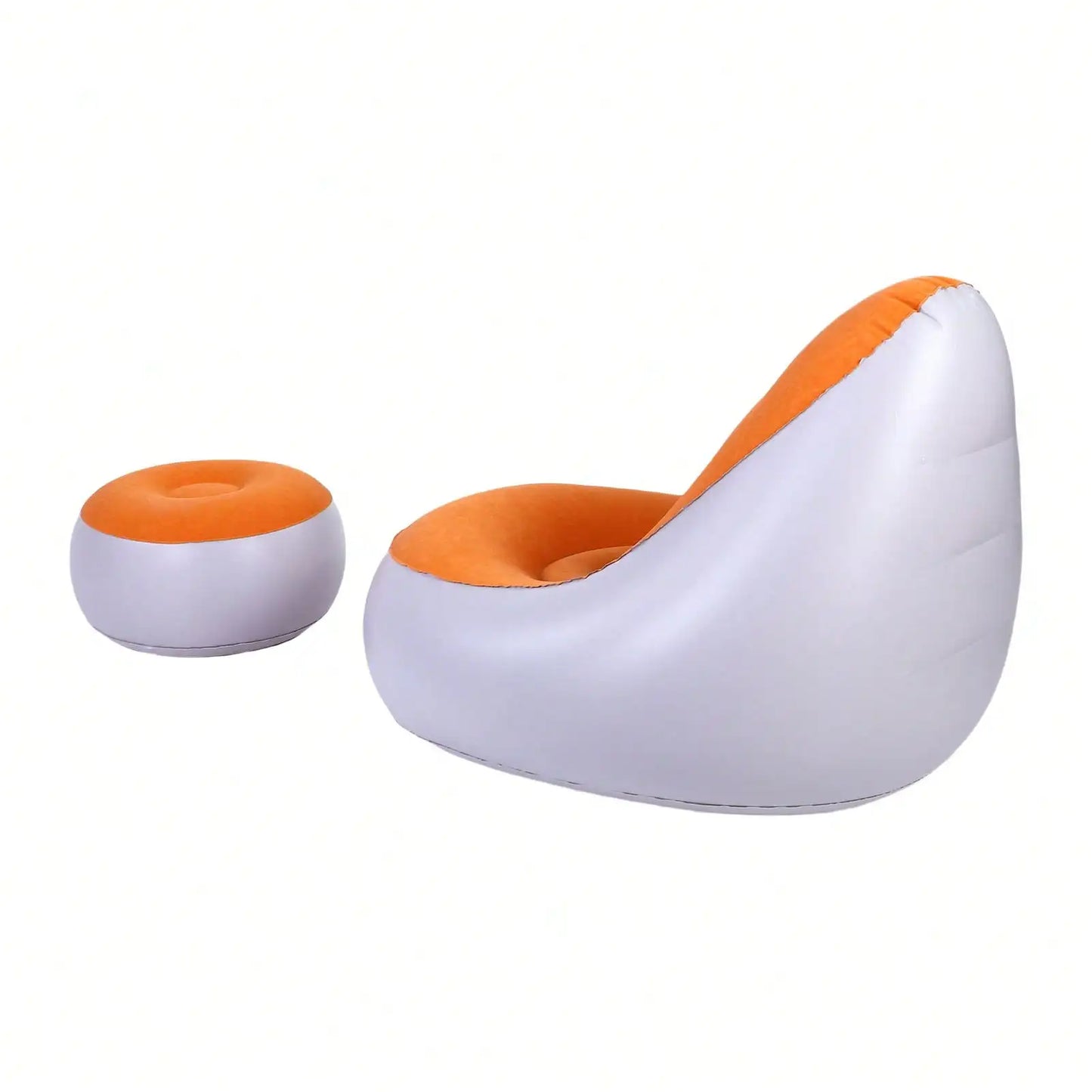 Inflatable Lounge with Foot Stool PVC Flocking Water Proof Folding Blow Up Couch Inflatable Sofa Chair for Home Camping Orange