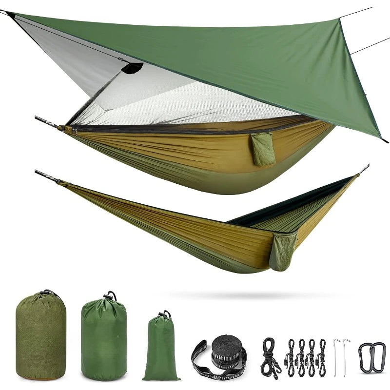 Camping Hammock with Net and Rain Fly 2 Person Lightweight Portable Hammock Tent with Tarp for Camping and Hiking