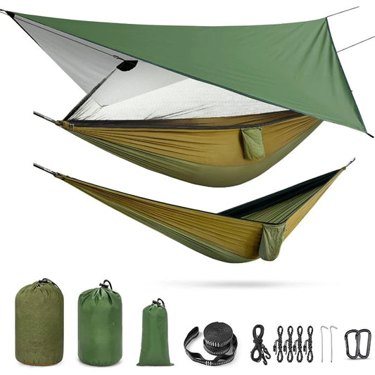 Camping Hammock with Net and Rain Fly 2 Person Lightweight Portable Hammock Tent with Tarp for Camping and Hiking