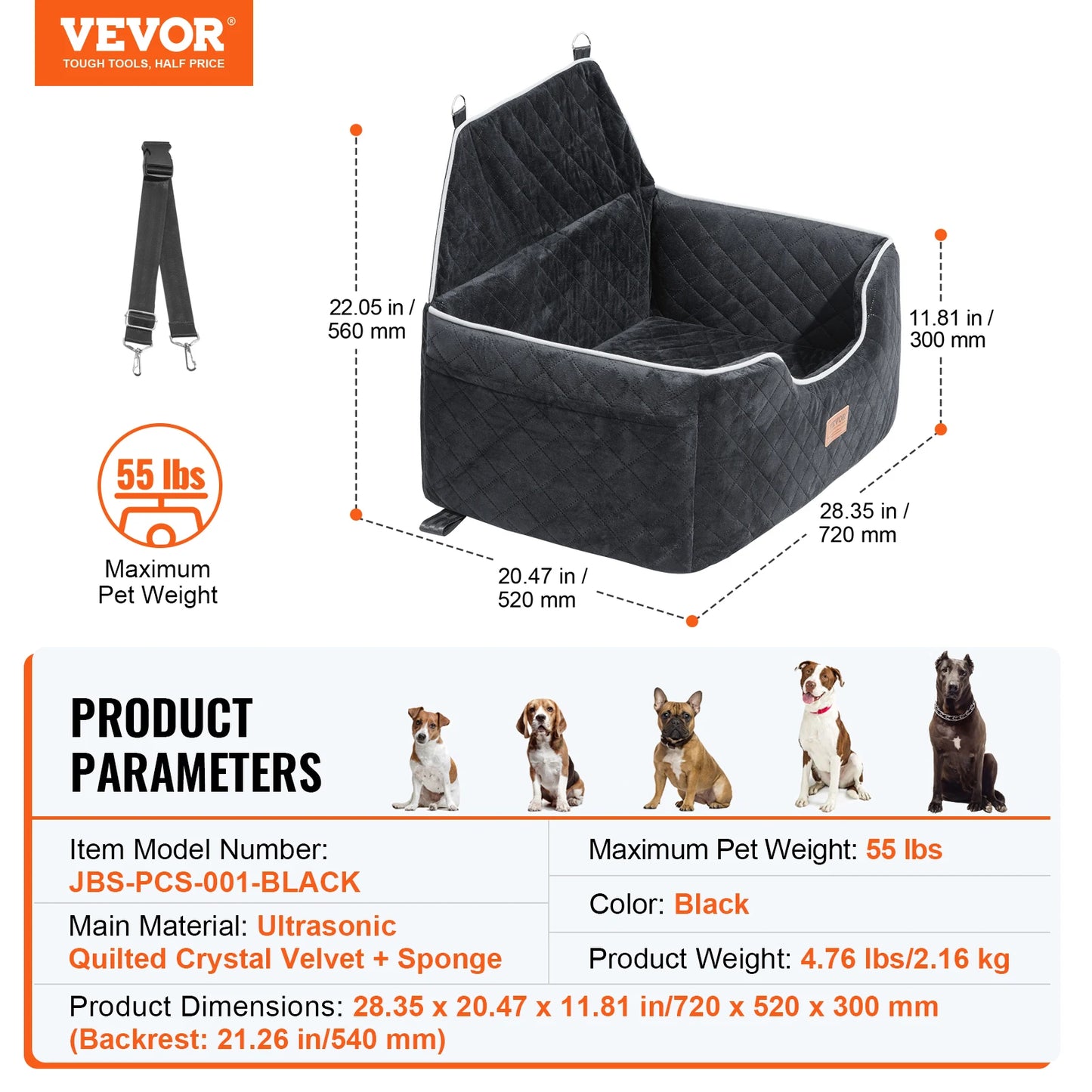 Vevor Dog Car Seat Booster Seat for Medium Large Dogs up to 55 Pounds with Storage Pocket Gray