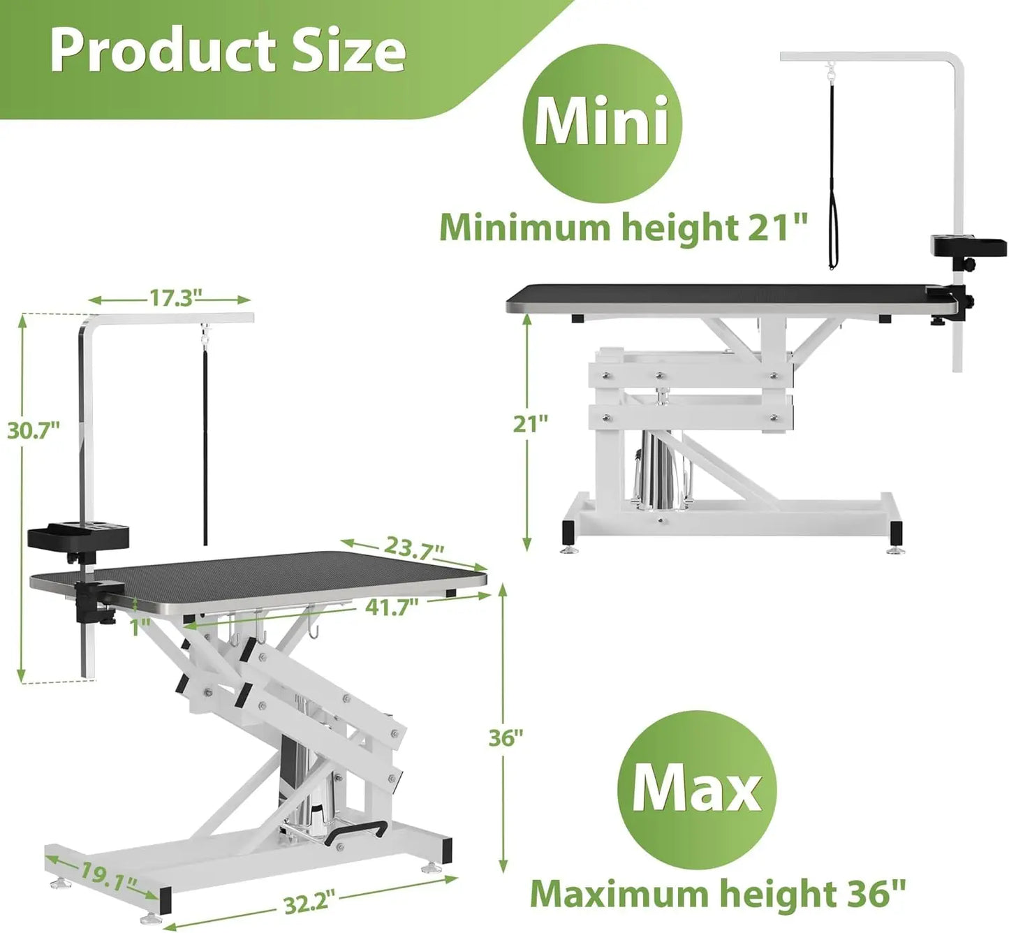 Hydraulic Pet Grooming Table with Anti-Static Table Top Heavy Duty Z-Lift Dog Grooming Table Adjustable Height 21 to 36 Inches with Armrests and Leash Covers 330 Pounds Capacity