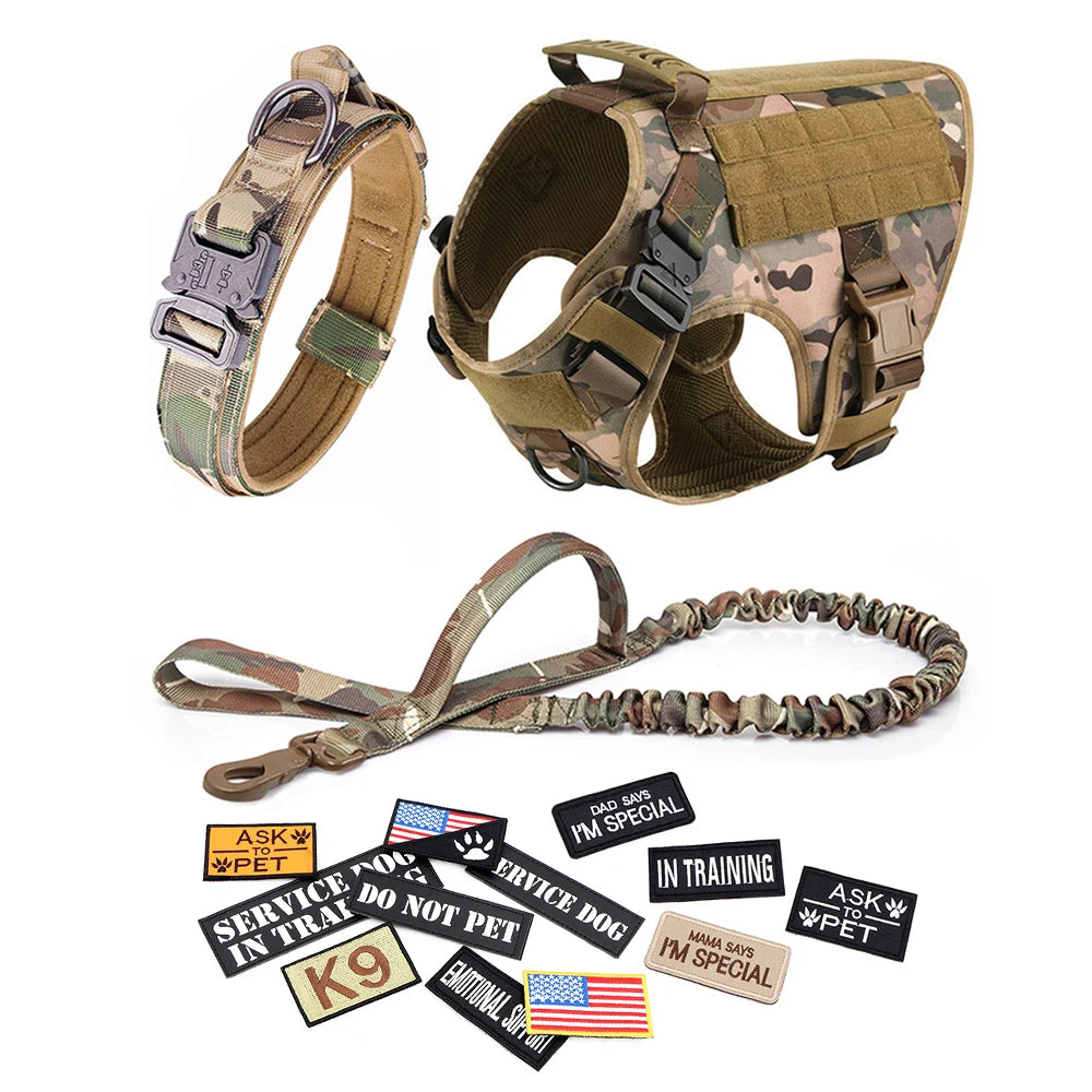 Dog Harness Leash Collar Patches Set for Medium Large Dogs Adjustable Tactical Military Vest for Training and Walking