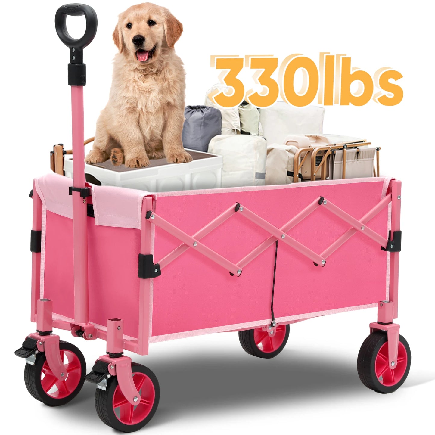 Foldable Collapsible Wagon Cart with 330lbs Weight Capacity, Heavy Duty Lightweight Folding Utility Garden Wagon with Wheel Pink