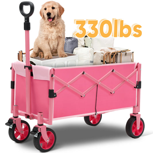 Foldable Collapsible Wagon Cart with 330lbs Weight Capacity, Heavy Duty Lightweight Folding Utility Garden Wagon with Wheel Pink