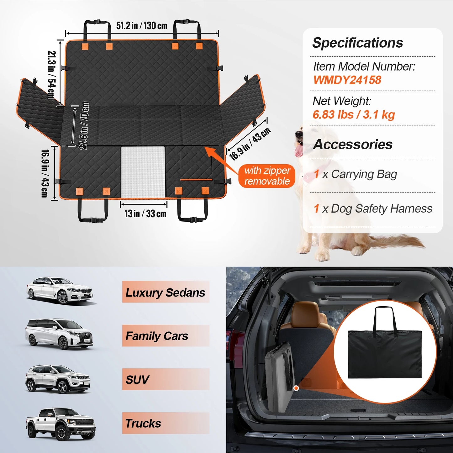 Vevor Back Seat Extender Dog Car Seat Cover with Mesh Window and Storage Pocket for Dogs Supports 350 Pounds Hammock Style