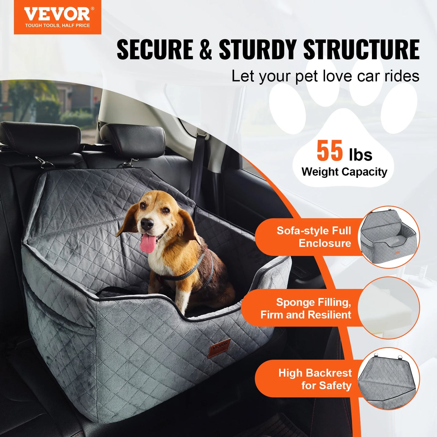 Vevor Dog Car Seat Booster Seat for Medium Large Dogs up to 55 Pounds with Storage Pocket Gray