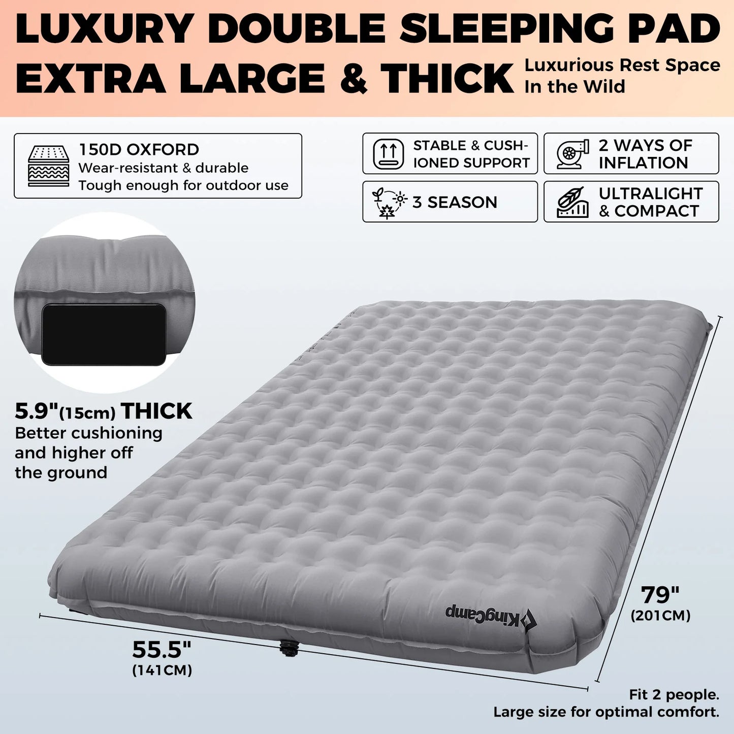 KingCamp Inflatable Double Camping Mat Portable Sleeping Bed Compact for Camping Hiking Backpacking Outdoor