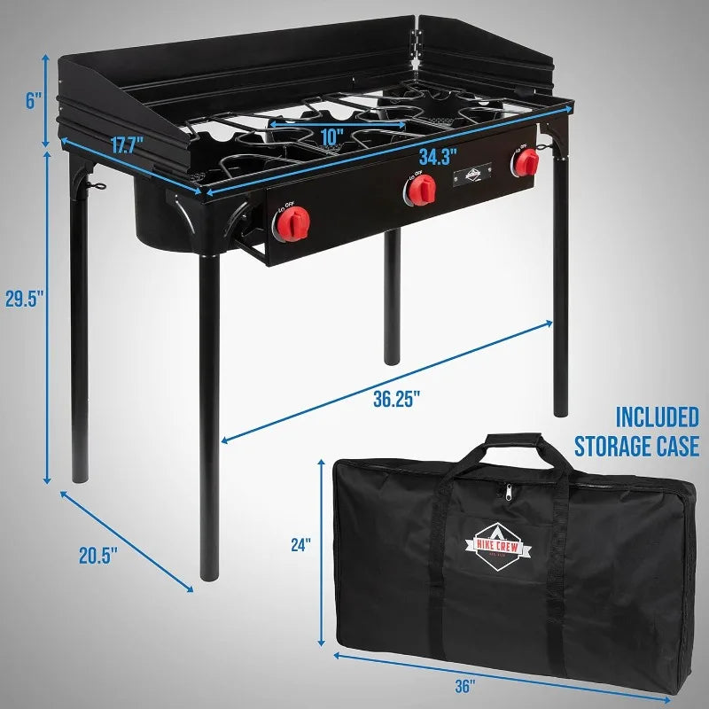 Hike Crew Cast Iron 3 Burner Outdoor Gas Stove 225000 BTU Portable Propane Cooktop with Blue Flame Control Removable Legs