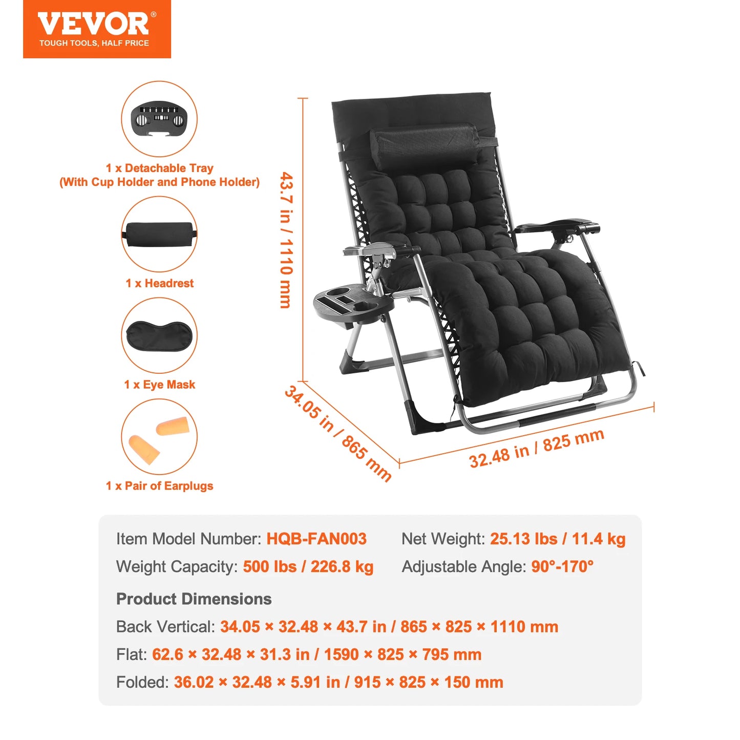 VEVOR Zero Gravity Recliner Lounge Chair Adjustable Anti Gravity Chair with Cushion Footrest and Cupholder