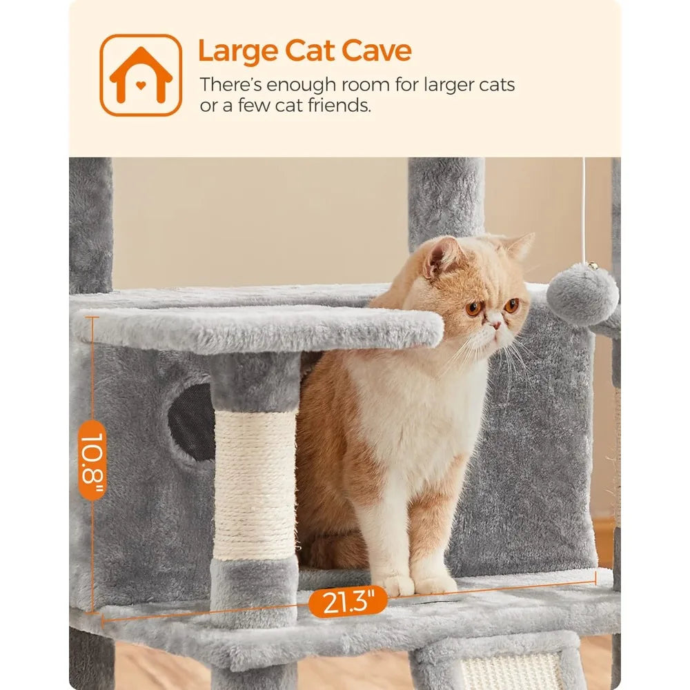 Cat Tree, Large Cat Tower, Cat Condo with Scratching Posts, Board, 2 Caves, 3 Plush Perches