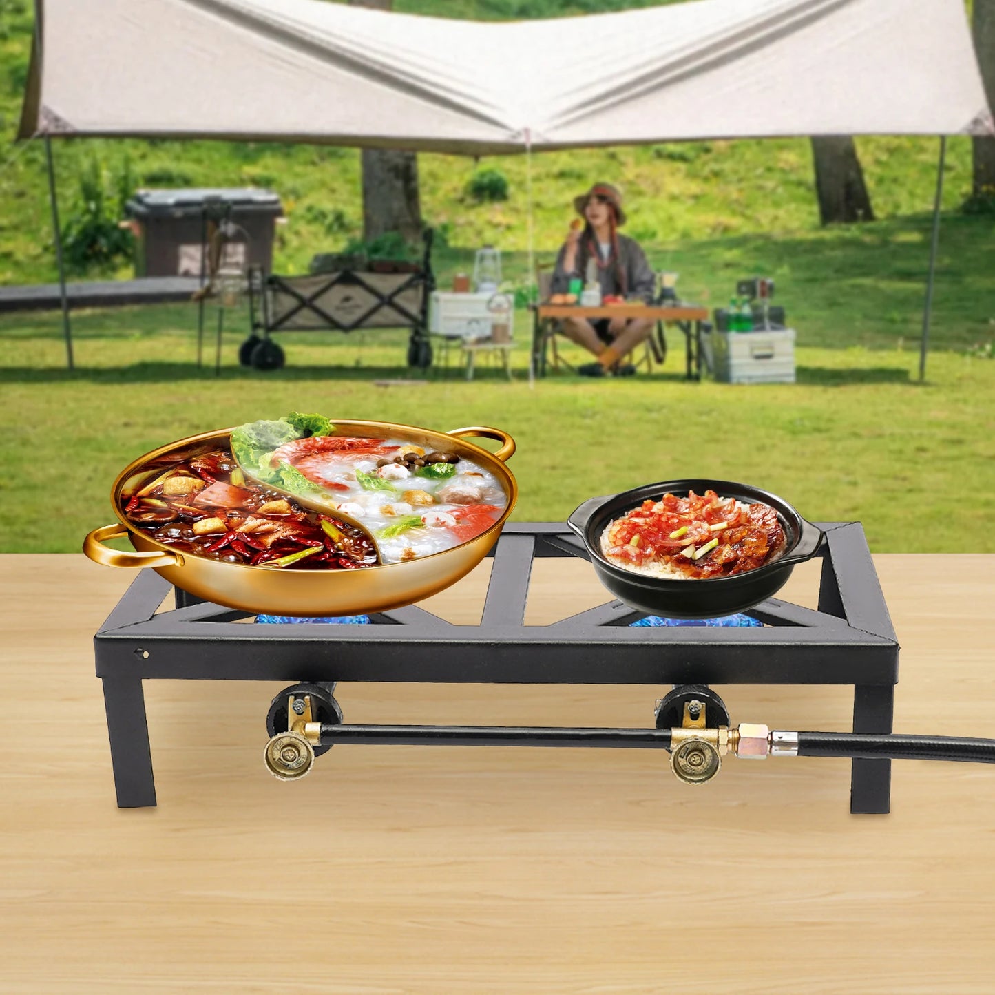 Portable Camping Gas Stove Outdoor Double Burner Propane Cooker with Adjustable Regulator Hose