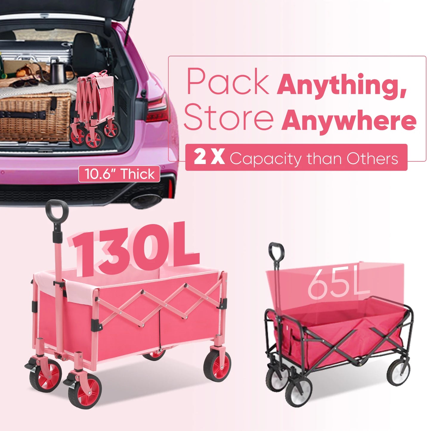 Foldable Collapsible Wagon Cart with 330lbs Weight Capacity, Heavy Duty Lightweight Folding Utility Garden Wagon with Wheel Pink