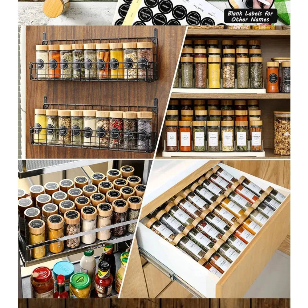 12 Pcs Glass Spice Jars with Bamboo Lids and Minimalist Spice Labels Stickers Kitchen Spice Jar Set