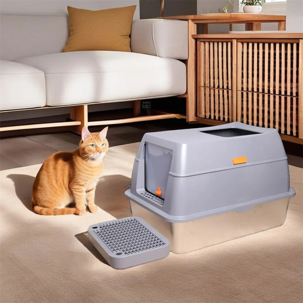 XXL Stainless Steel Cat Litter Box Enclosed Puppy Cat Litter Tray with Lid Large Litter Pan High Wall Side Easy Cleaning Toilet