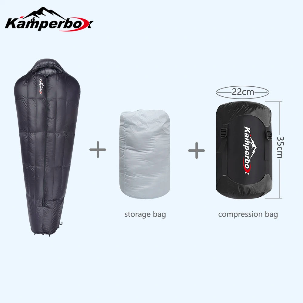 Kamperbox Winter Down Sleeping Bags Ultralight Camping Equipment for Adults Comfortable Temperature Scale Minus Twenty to Minus Thirty Five Degrees Celsius