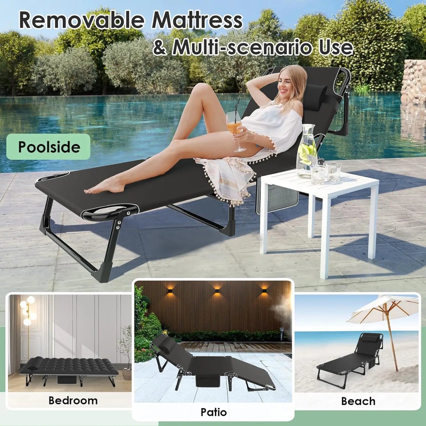 Folding Camping Cot for Adults Adjustable Outdoor Bed with Mattress Travel Lounge Chair