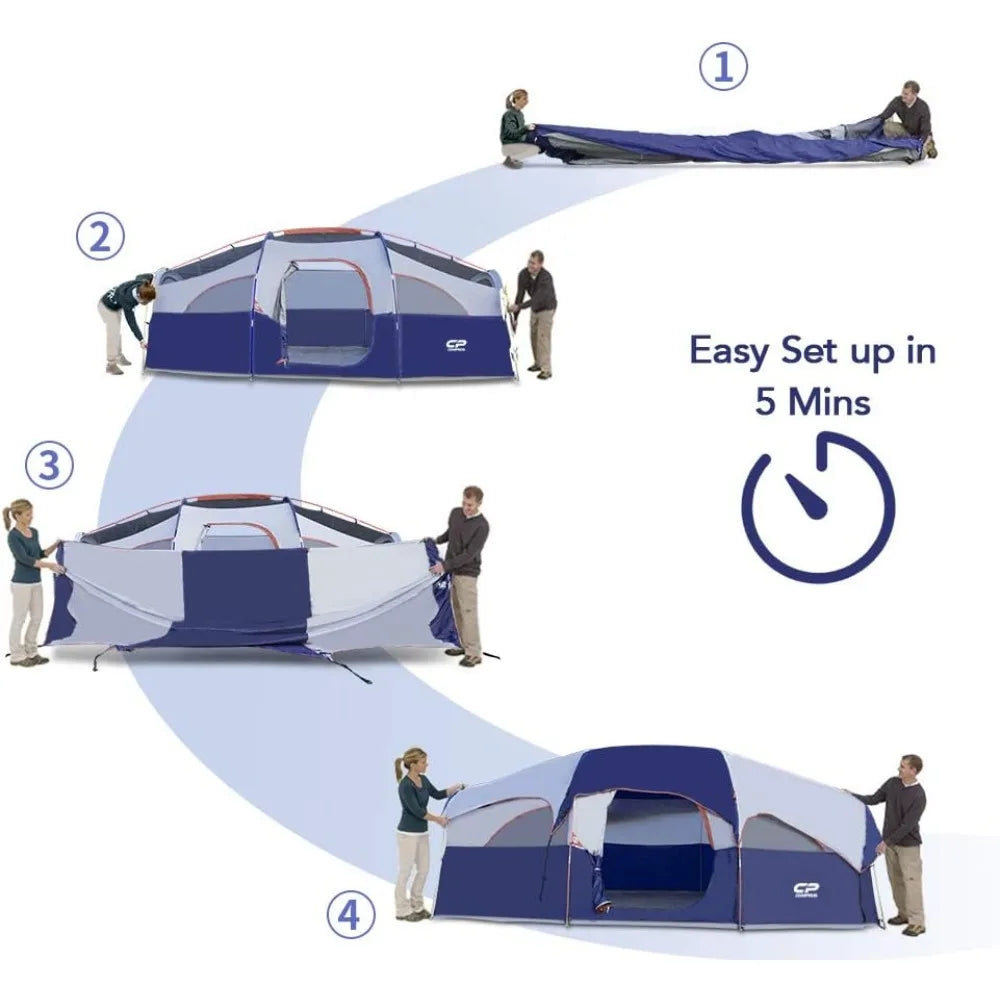 8 person camping tent, weather-proof family tent, 5 large mesh Windows, double layer, divider curtains dividing rooms