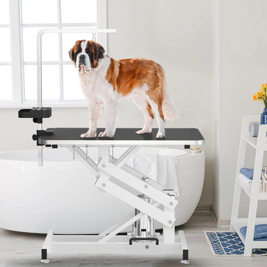 Hydraulic Pet Grooming Table with Anti-Static Table Top Heavy Duty Z-Lift Dog Grooming Table Adjustable Height 21 to 36 Inches with Armrests and Leash Covers 330 Pounds Capacity