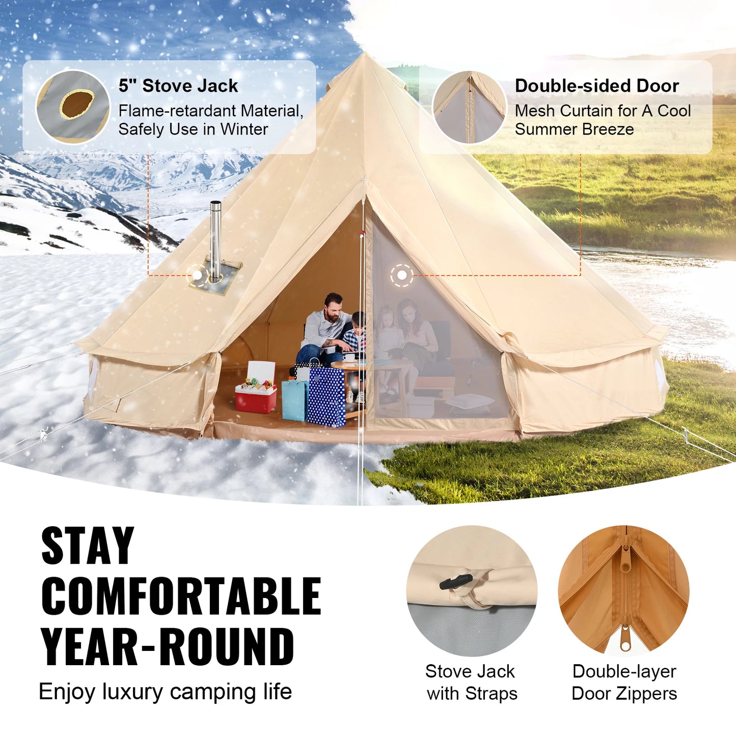 SucceBuy Canvas Bell Tent 4 Seasons 13.12 ft Yurt Tent Canvas Tent for Camping with Stove Jack Breathable Tent Holds 6 People