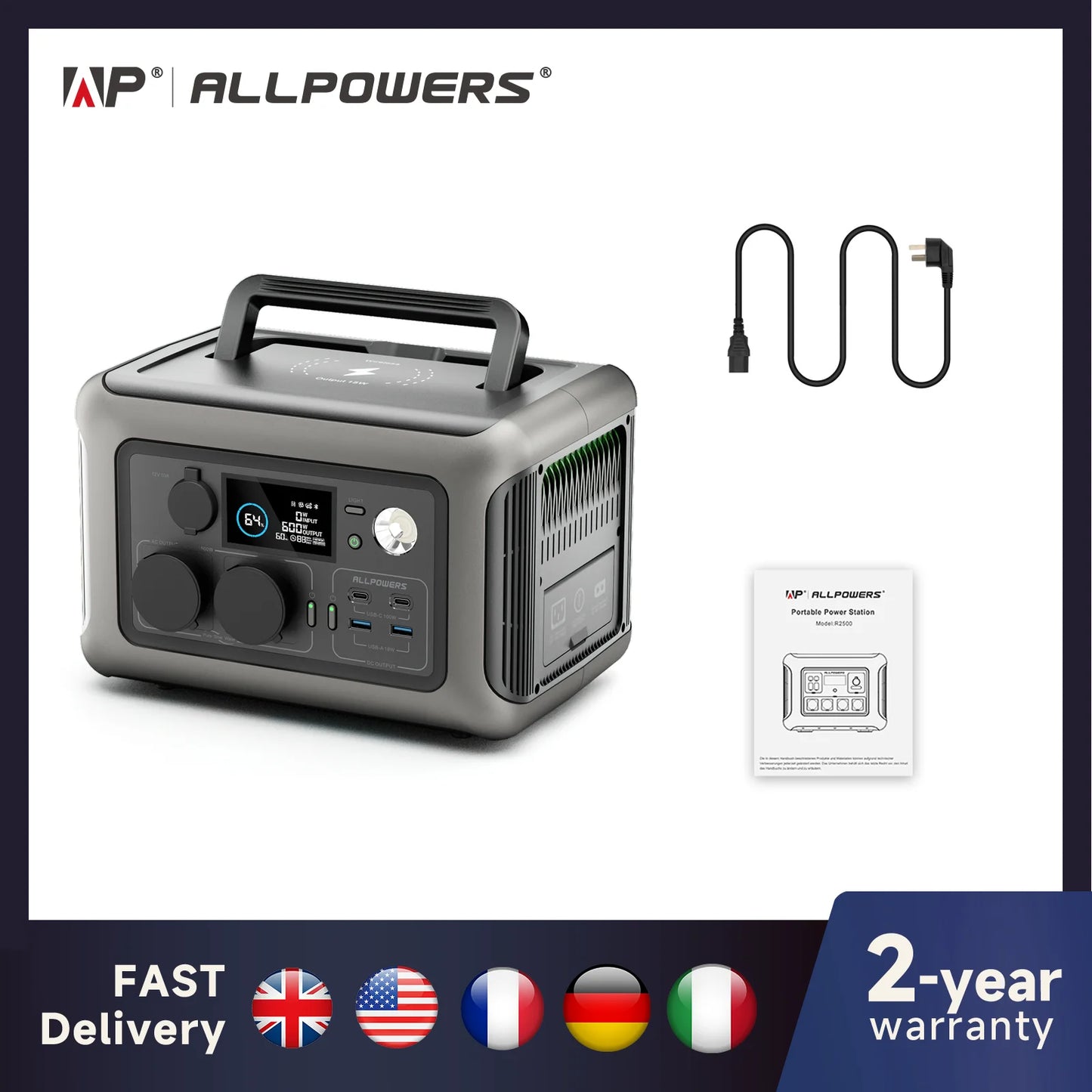 ALLPOWERS Portable Power Station R600, 299Wh LiFeP04 Battery with 2x 600W (1200W Surge) AC Outlets for Outdoor Camping RV Home
