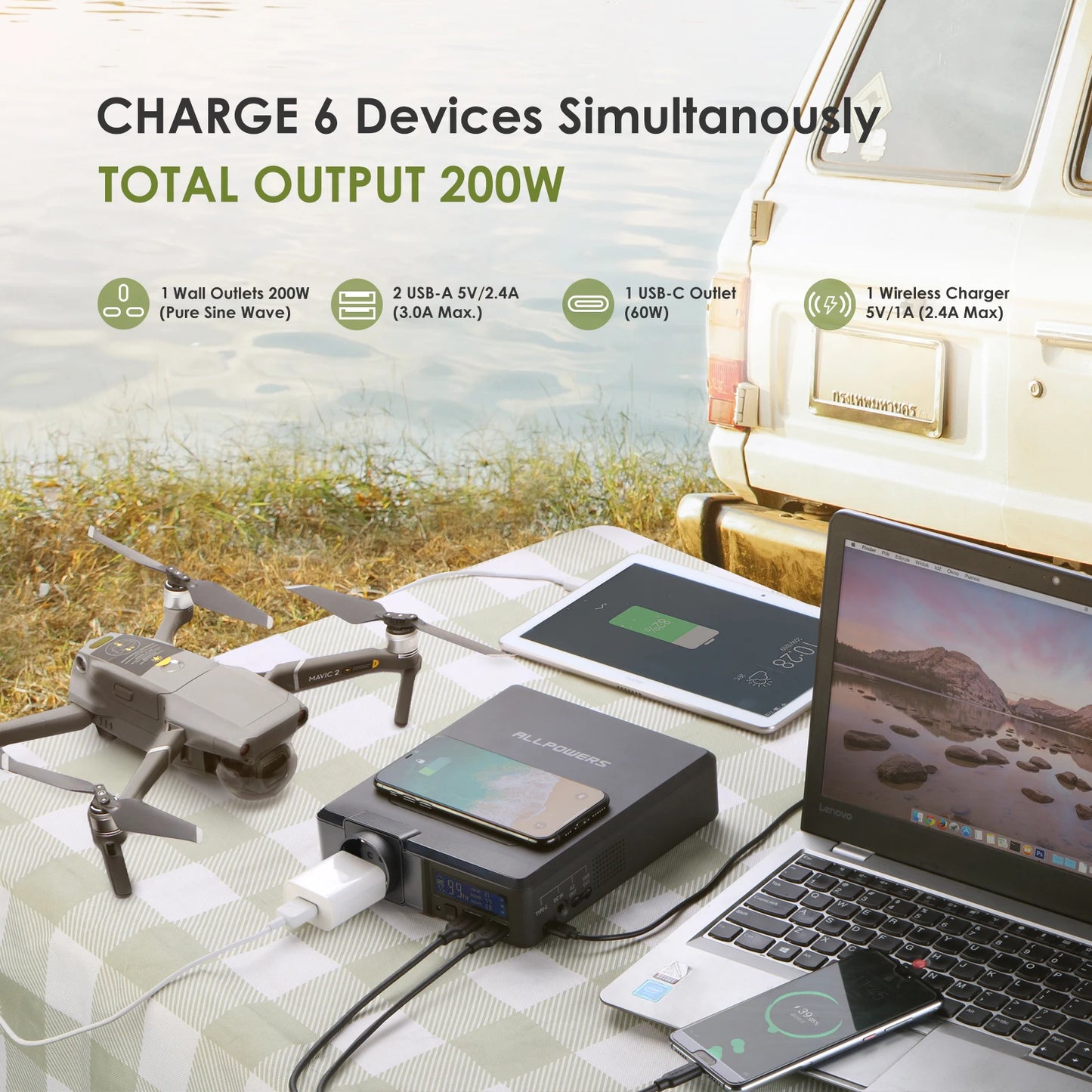 Allpowers Wireless Solar Powerbank 154Wh 200W Portable Powerstation with 100W Flexible Solar Panel for Laptop and iPhone