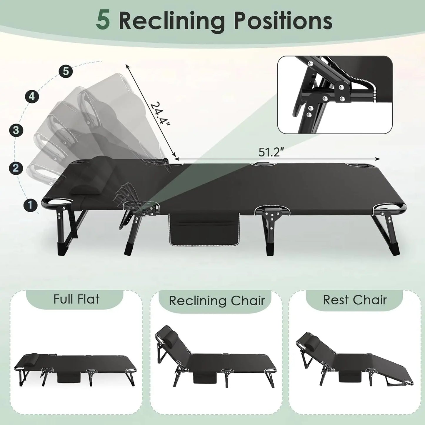 Folding Camping Cot for Adults Adjustable Outdoor Bed with Mattress Travel Lounge Chair